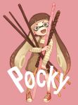  1girl aqua_eyes brown_hair brown_overalls fangs food full_body head_tilt holding holding_food holding_pocky inkling long_hair long_sleeves nichaku open_mouth overalls pink_background pocket pocky pocky_day red_footwear shirt shoes simple_background smile solo splatoon_(series) splatoon_2 striped striped_shirt tentacle_hair white_shirt 