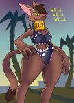  2018 anthro aygee breasts brown_body brown_fur brown_hair canid canine canis clothing collar dialogue dipstick_tail female fur hair hand_on_hip hi_res mammal mirig_(aygee) multicolored_tail navel one-piece_swimsuit outside pink_nose sharkini simple_background smile solo standing swimwear wide_hips wolf 