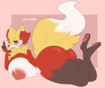  2020 anthro areola big_breasts big_butt breasts butt canid delphox dipstick_tail ezukapizumu female fur gesture huge_breasts inner_ear_fluff lying mammal multicolored_body multicolored_fur multicolored_tail nintendo nipples on_front pawpads pok&eacute;mon pok&eacute;mon_(species) signature solo thick_thighs tuft v_sign video_games 