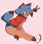  2020 anthro bard-bot blue_hair brand_new_animal brown_body brown_fur canid canine clothing female footwear fur gesture gym_shorts hair hi_res looking_at_viewer mammal michiru_kagemori open_mouth raccoon_dog shoes smile solo studio_trigger tanuki tracksuit v_sign 