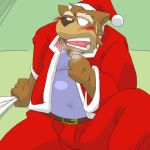  1:1 2007 anthro belly blush bottomwear brown_body brown_fur canid canine canis christmas clothing domestic_dog fur hat headgear headwear holidays kemono low_res male mammal oogamikennta overweight overweight_male pants santa_claus santa_hat shirt solo topwear 