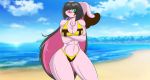  anthro beach bikini blush breasts cleavage clothed clothing cloud crossed_arms female fur green_eyes hair jazmin_usagi lagomorph leporid long_hair mammal mastergodai pink_body pink_fur rabbit sand sea seaside shy sky solo swimwear thong underwear water 