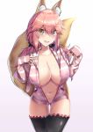  1girl absurdres animal_ear_fluff animal_ears black_legwear blush breasts casual cleavage collarbone eyebrows_visible_through_hair fang fate/extella fate/extra fate/extra_ccc fate/grand_order fate_(series) fox_ears fox_girl fox_tail highres jo_(pixiv29989419) large_breasts looking_at_viewer nail_polish navel open_mouth pink_hair pussy simple_background solo tail tamamo_(fate)_(all) tamamo_no_mae_(fate) white_background yellow_eyes 