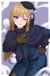  1girl bangs black_headwear blonde_hair blue_eyes blue_jacket blue_sweater breasts brown_gloves fate_(series) fur_collar gloves grey_rose hand_on_hip hand_on_own_chest highres jacket long_hair long_sleeves looking_at_viewer lord_el-melloi_ii_case_files mercury_(element) one_eye_closed paolo_espana parted_lips reines_el-melloi_archisorte small_breasts smile solo sweater sweater_around_neck tilted_headwear volumen_hydragyrum 