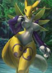  anthro armwear blue_eyes claws clothing detailed_background digimon digimon_(species) digimon_adventure digimon_frontier digimon_fusion female forest fur hi_res mane momobeda pinup pose renamon sleeves solo standing thigh_gap tree water waterfall white_body white_fur yellow_body yellow_fur yin_yang 