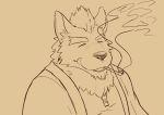  3000vnd asian_clothing beard canid canine canis clothing east_asian_clothing facial_hair fangs hair hi_res japanese_clothing male mammal marchosias_(tas) melee_weapon muscular muscular_male scar smoking smoking_pipe solo tokyo_afterschool_summoners video_games weapon wolf 