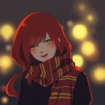  1girl :d bangs blurry blush bokeh depth_of_field enpera green_eyes gryffindor harry_potter kurosujuu lily_evans long_hair looking_at_viewer open_mouth red_hair red_scarf scarf smile solo striped striped_scarf swept_bangs upper_body 
