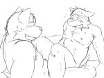  2011 4:3 anthro belly blush bodily_fluids canid canine canis cute_fangs domestic_dog duo kemono male male/male mammal monochrome moobs nipples oogamikennta simple_background sitting slightly_chubby sweat white_background 
