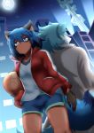  2020 absurd_res anthro ball basketball_(ball) black_nose blue_body blue_eyes blue_fur blue_hair bottomwear brand_new_animal brown_body brown_fur canid canine canis city clothed clothing coat duo female fluffy fluffy_tail fur hair hi_res holding_object jacket male mammal michiru_kagemori monokurosekai06 moon portrait raccoon_dog shirou_ogami shorts solo standing studio_trigger tanuki three-quarter_portrait topwear white_body wolf 