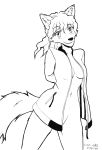  anthro arc_rose blush bottomless breasts canid canine canis censored clothed clothing convenient_censorship female hands_behind_back hi_res jacket looking_at_viewer mammal monochrome natascha_(arcrose) navel pinup pose solo topwear wolf 