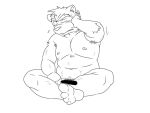  2012 4:3 anthro belly blush censored humanoid_hands kemono male mammal monochrome moobs navel nipples oogamikennta overweight overweight_male simple_background sitting solo ursid white_background 