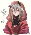  1girl animal_ears arknights celeryma character_name copyright_name cropped_torso fur_trim grey_hair hood hooded_jacket jacket looking_at_viewer projekt_red_(arknights) red_jacket red_shirt shirt simple_background solo white_background wolf_ears yellow_eyes 
