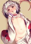  1girl absurdres breasts from_above granblue_fantasy groin hair_ornament hairband_removed hairclip hand_on_own_chest highres looking_at_viewer lying messy_hair motsu_(onli_neet) navel nipples on_back open_mouth pleated_skirt red_eyes shirt_lift silver_hair skirt skirt_pull sleeves_past_wrists small_breasts solo vikala_(granblue_fantasy) 