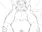  2015 4:3 anthro belly blush bodily_fluids canid canine canis domestic_dog humanoid_hands kemono male mammal monochrome moobs navel nipples oogamikennta overweight overweight_male solo_focus sweat 