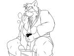  2012 4:3 anthro balls blush bodily_fluids canid canine canis clothing genitals humanoid_hands kemono male mammal masturbation monochrome oogamikennta overweight overweight_male penis robe simple_background sniffing solo sweat white_background wolf 