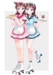  2girls :d :q apron arch_lapin blue_dress blue_eyes brown_hair character_name commentary cross-laced_footwear cursive double_horizontal_stripe dress eyebrows_visible_through_hair food frilled_apron frilled_dress frills full_body glass grey_background highres holding holding_tray ice_cream looking_at_viewer magic_kaito maid_headdress meitantei_conan messy_hair mouri_ran multiple_girls nakamori_aoko open_mouth outside_border pie pink_dress purple_eyes roller_skates series_connection short_dress short_sleeves side-by-side skates smile socks spoon standing standing_on_one_leg sundae tongue tongue_out tray waist_apron waitress white_apron white_footwear white_legwear 