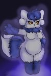  2:3 2_tails amy_the_mystgoose blue_body blue_fur breasts darknetic digital_media_(artwork) fak&eacute;mon female feral fluffy fluffy_tail fur glowing glowing_eyes hi_res hybrid meowstic multi_tail mystgoose nintendo own_character pok&eacute;mon pok&eacute;mon_(species) simple_background slightly_chubby solo superpowers video_games white_body white_fur zangoose 