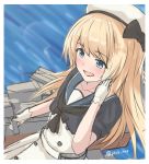  1girl blonde_hair blue_eyes blue_sailor_collar blurry cowboy_shot depth_of_field dress gloves hat highres jervis_(kantai_collection) kantai_collection long_hair machinery sailor_collar sailor_dress sailor_hat saplus solo twitter_username water white_dress white_gloves white_headwear 