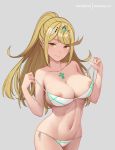  1girl bangs bare_shoulders bikini blonde_hair blush breasts cleavage closed_mouth collarbone cowboy_shot dakkalot earrings gem groin high_ponytail hikari_(xenoblade_2) jewelry large_breasts long_hair looking_at_viewer navel nipple_slip nipples pulled_by_self ribbon side-tie_bikini sidelocks smile solo stomach strap_pull swept_bangs swimsuit tiara toned very_long_hair white_bikini white_ribbon xenoblade_(series) xenoblade_2 yellow_eyes 