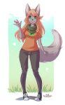  anthro avablanched biped blush canid canine clothing female fox fur green_eyes grey_body grey_fur hair leaf mallow_(reddest) mammal orange_clothing orange_hair orange_shirt orange_topwear red_fox scarf shirt silver_fox solo solo_focus topwear two_tone_tail 