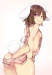  2017 animal_humanoid blush breasts brown_hair butt clothing female hair hi_res humanoid karatakewari lagomorph lagomorph_humanoid leporid_humanoid looking_back mammal mammal_humanoid rabbit_humanoid side_boob simple_background smile solo sweater tewi_inaba topwear touhou video_games virgin_killer_sweater white_background 