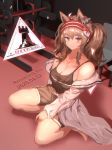  1girl 360_(pixiv47196062) absurdres angelina_(arknights) animal_ears arknights barbell bare_legs barefoot black_camisole black_shorts blush breasts brown_hair cleavage closed_mouth commentary earpiece english_text eyebrows_visible_through_hair fox_ears full_body hair_between_eyes hairband highres indoors jacket long_hair looking_at_viewer medium_breasts off_shoulder purple_eyes rhodes_island_logo short_shorts shorts sidelocks sitting solo spaghetti_strap sweat thighs twintails weights white_jacket 