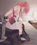  1girl arms_behind_back bdsm bed black_gloves blue_eyes blush bondage bound coat dress fingerless_gloves girls_frontline gloves highres looking_back mitsusaka_mitsumi multicolored_hair open_mouth pillow pink_hair side_ponytail single_thighhigh snap-fit_buckle solo st_ar-15_(girls_frontline) streaked_hair thighhighs white_dress 
