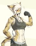  2020 anthro breasts chloe_(hunglee) clothing dog_tags felid female gloves hair handwear hi_res hunglee leopard mammal muscular muscular_female navel open_mouth pantherine red_eyes shirt short_hair simple_background smile solo tank_top topwear white_hair 