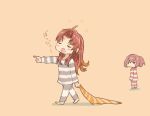  2girls ahoge alternate_hairstyle beige_background brown_hair closed_eyes commentary_request full_body hair_down kagerou_(kantai_collection) kantai_collection long_hair multiple_girls otoufu pants pink_hair pointing ponytail shiranui_(kantai_collection) short_hair simple_background sleepwalking sleepwear solo_focus striped striped_pants striped_sweater sweater 