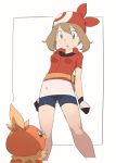  1girl bandana bike_shorts blue_eyes breasts brown_hair gen_3_pokemon gloves haruka_(pokemon) long_hair nyonn24 open_mouth pokemon pokemon_(creature) pokemon_(game) pokemon_rse simple_background torchic white_background 