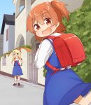  2girls :3 :d backpack bag blonde_hair blush bow brown_eyes brown_hair commentary_request day dress fang green_eyes hair_bow hair_tie highres himesaka_noa hoshino_hinata house looking_at_viewer manse multiple_girls open_mouth randoseru red_bow road sailor_collar sailor_dress school_uniform skin_fang smile street watashi_ni_tenshi_ga_maiorita! white_sailor_collar 