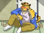  2011 4:3 anthro belly bottomwear clothed clothing drunk felid humanoid_hands kemono male mammal oogamikennta open_shirt overweight overweight_male pantherine pants shirt sitting solo substance_intoxication tiger topwear 