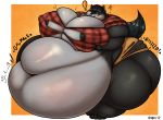  anthro araidian_(artist) big_breasts big_butt black_hair blush breasts butt canid canine canis clothing exclamation_sign female growth hair huge_breasts huge_butt huge_thighs hyper hyper_breasts hyper_butt hyper_thighs lucille mammal morbidly_obese obese overweight shirt solo stretched_clothing thick_thighs topwear torn_clothing wolf 