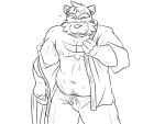 2014 4:3 anthro belly blush bodily_fluids bottomwear clothing humanoid_hands kemono male mammal monochrome moobs navel nipples oogamikennta pants simple_background slightly_chubby solo sweat undressing ursid white_background 