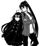  2girls ahoge alternate_costume bangs breasts coat crossed_arms greyscale hatsushimo_(kantai_collection) headband jacket kantai_collection long_hair low-tied_long_hair monochrome multiple_girls open_mouth pants ponytail rindou_(rindou_annon) simple_background skirt sweater turtleneck turtleneck_sweater yahagi_(kantai_collection) 