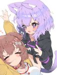  2girls :3 :d absurdres animal_ear_fluff animal_ears arms_up blush bone_hair_ornament brown_hair cat_ears cat_tail choker closed_eyes dog_ears eyebrows_visible_through_hair fang highres hololive hood hoodie inugami_korone long_hair low_twintails multiple_girls nekomata_okayu onigiri_print open_mouth purple_eyes purple_hair short_hair simple_background smile symbol_commentary tail twintails white_background zeru_(wisel_army) 