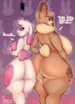  2020 annoyed anthro big_breasts big_butt blue_eyes blush breast_size_difference breasts buckteeth butt butt_squish dewlap_(anatomy) dialogue dipstick_ears duo english_text eyelashes facial_tuft fangs female fur green_eyes hand_on_breast hazel_(shakotanbunny) hi_res huge_breasts huge_butt lagomorph leporid looking_at_another looking_back mammal multicolored_ears open_mouth open_smile pattern_background pink_body pink_fur rabbit rear_view robyn_(shakotanbunny) shakotanbunny side_boob signature simple_background size_difference smile squish standing tan_body tan_fur teeth text thick_thighs white_body white_fur wide_hips 