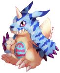  2018 alpha_channel animal_skin black_nose blue_body blue_fur blue_markings border chibi digimon digimon_(species) eyelashes fur gabumon horn markings pink_markings red_eyes sharp_teeth signature simple_background sitting solo spiked_tail spikes steepen teeth transparent_background transparent_border yellow_body 