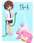  1girl :d barefoot black_necktie black_skirt blue_background blush border brown_eyes brown_hair collared_shirt crossover eyebrows_visible_through_hair highres holding holding_hose hose kill_me_baby looking_at_another necktie open_mouth oribe_yasuna pokemon pokemon_(creature) school_uniform shirt short_hair short_sleeves skirt slowpoke smile standing water white_border white_shirt yachima_tana 