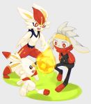  :d bunny bunny_focus cinderace commentary_request creature fireball full_body gen_8_pokemon highres minamo_(pixiv17726065) no_humans open_mouth pokemon pokemon_(creature) raboot red_eyes scorbunny simple_background smile standing white_background 
