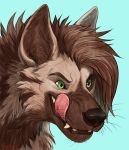  2020 black_nose brown_body brown_fur brown_hair brown_hyena fur green_eyes hair headshot_portrait hyaenid mammal open_mouth portrait rogueliger teeth tongue 