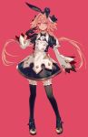  1boy astolfo_(fate) astolfo_(saber)_(fate) bangs black_bow black_footwear black_gloves black_legwear black_ribbon bow bowtie chocoan closed_mouth fate/grand_order fate_(series) full_body gloves hair_bow hair_intakes hair_ribbon highres long_hair long_sleeves looking_at_viewer low_twintails male_focus multicolored_hair otoko_no_ko pink_background pink_hair purple_eyes ribbon smile solo streaked_hair twintails 
