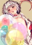  1girl absurdres balloon breasts from_above granblue_fantasy groin hair_ornament hairband_removed hairclip hand_on_own_chest highres looking_at_viewer lying messy_hair motsu_(onli_neet) navel nipples on_back open_mouth pleated_skirt red_eyes see-through shirt_lift silver_hair skirt skirt_pull sleeves_past_wrists small_breasts solo vikala_(granblue_fantasy) 