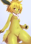  anthro barely_visible_genitalia barely_visible_pussy blonde_hair blush breasts claws eeveelution featureless_breasts female fur genitals hair hi_res jolteon kemono navel nintendo nude pawpads pok&eacute;mon pok&eacute;mon_(species) pussy shiitakemeshi short_hair small_breasts solo video_games yellow_body yellow_fur 