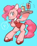  absurd_res anthro bent_over beverage blue_background blush clothing dialogue equid equine female footwear friendship_is_magic fur hair hi_res horse looking_at_viewer mammal mane mosa_(pixiv) my_little_pony pink_body pink_fur pink_hair pink_mane pinkie_pie_(mlp) platter pony shoes simple_background solo tube_top waiter 
