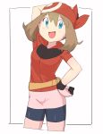  1girl bandana bike_shorts blue_eyes breasts brown_hair commentary gloves haruka_(pokemon) long_hair looking_at_viewer nyonn24 open_mouth pokemon pokemon_(game) pokemon_rse shorts shorts_under_skirt simple_background smile solo white_background 