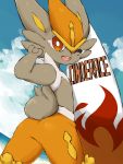  ;d alternate_color brown_eyes bunny bunny_focus character_name cinderace commentary_request creature gen_8_pokemon highres minamo_(pixiv17726065) no_humans one_eye_closed open_mouth pokemon pokemon_(creature) shiny_pokemon smile solo surfboard 