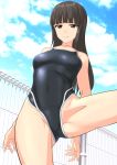  1girl absurdres ass_visible_through_thighs black_hair black_swimsuit blush breasts brown_eyes closed_mouth cloud cloudy_sky collarbone competition_swimsuit covered_navel eyebrows_visible_through_hair feet_out_of_frame fence girls_und_panzer groin highres leg_up long_hair looking_at_viewer looking_down medium_breasts nishizumi_shiho one-piece_swimsuit shiny shiny_clothes shiny_hair shiny_skin sky solo spread_legs swimsuit swimwear takafumi 