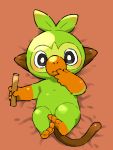  black_eyes closed_mouth commentary_request creature full_body gen_8_pokemon grookey holding lying minamo_(pixiv17726065) monkey no_humans on_back pokemon pokemon_(creature) solo 