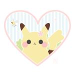  :3 black_eyes closed_mouth commentary creature cutiefly english_commentary flower flying gen_1_pokemon gen_7_pokemon hair_flower hair_ornament heart highres looking_at_viewer no_humans paolina_missio pikachu pokemon pokemon_(creature) striped striped_background 
